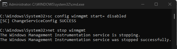 Остановка службы WMI