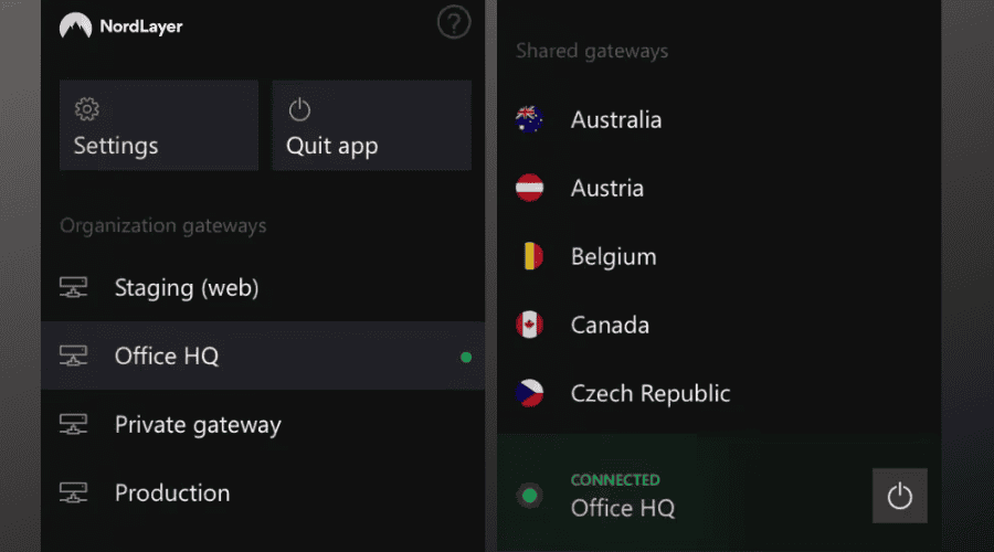 Интерфейс NordLayer с опциями подключения и статусом сети