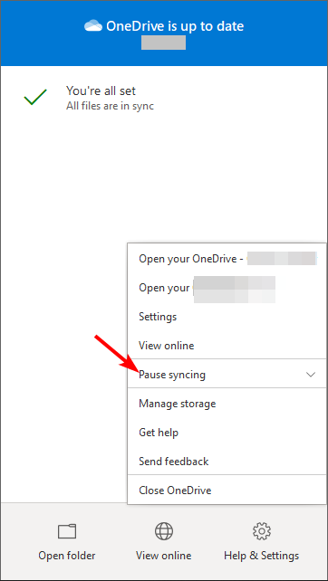 Опция приостановки синхронизации в OneDrive
