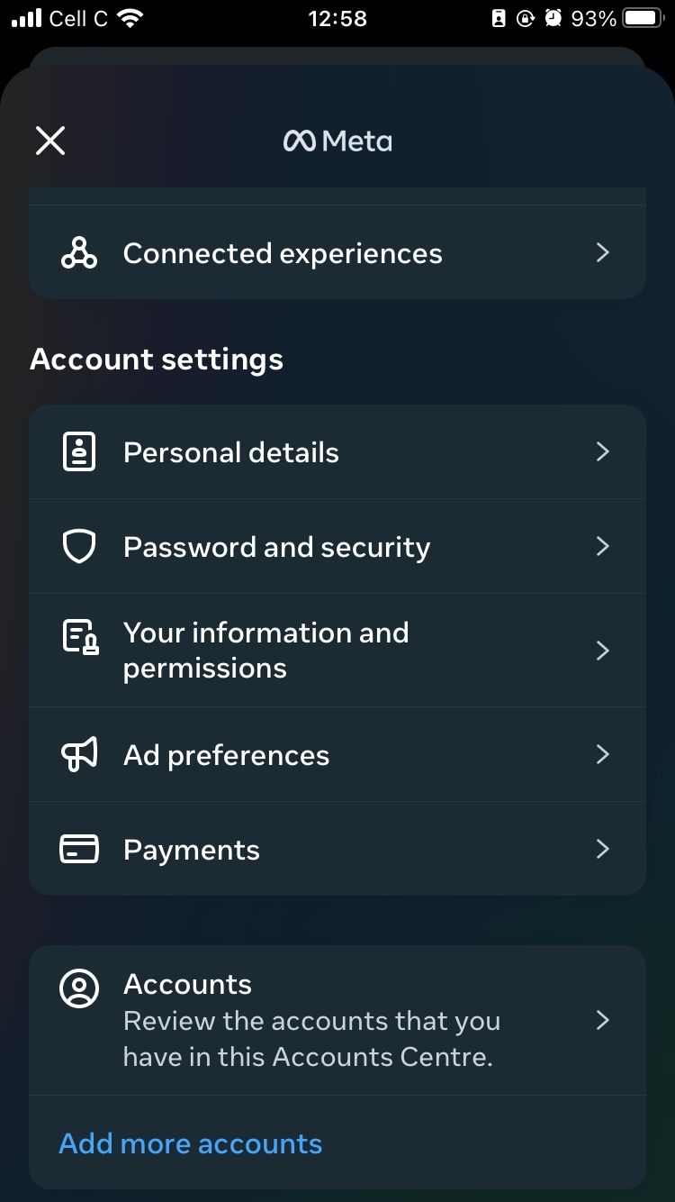 Instagram accounts center page on iOS