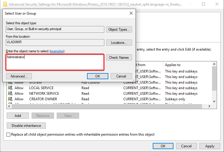 Скриншот: окно выбор объекта для назначения владельца