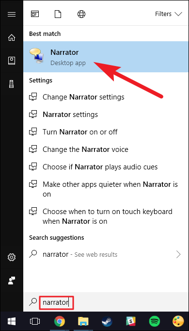 Пуск — поиск Narrator в Windows