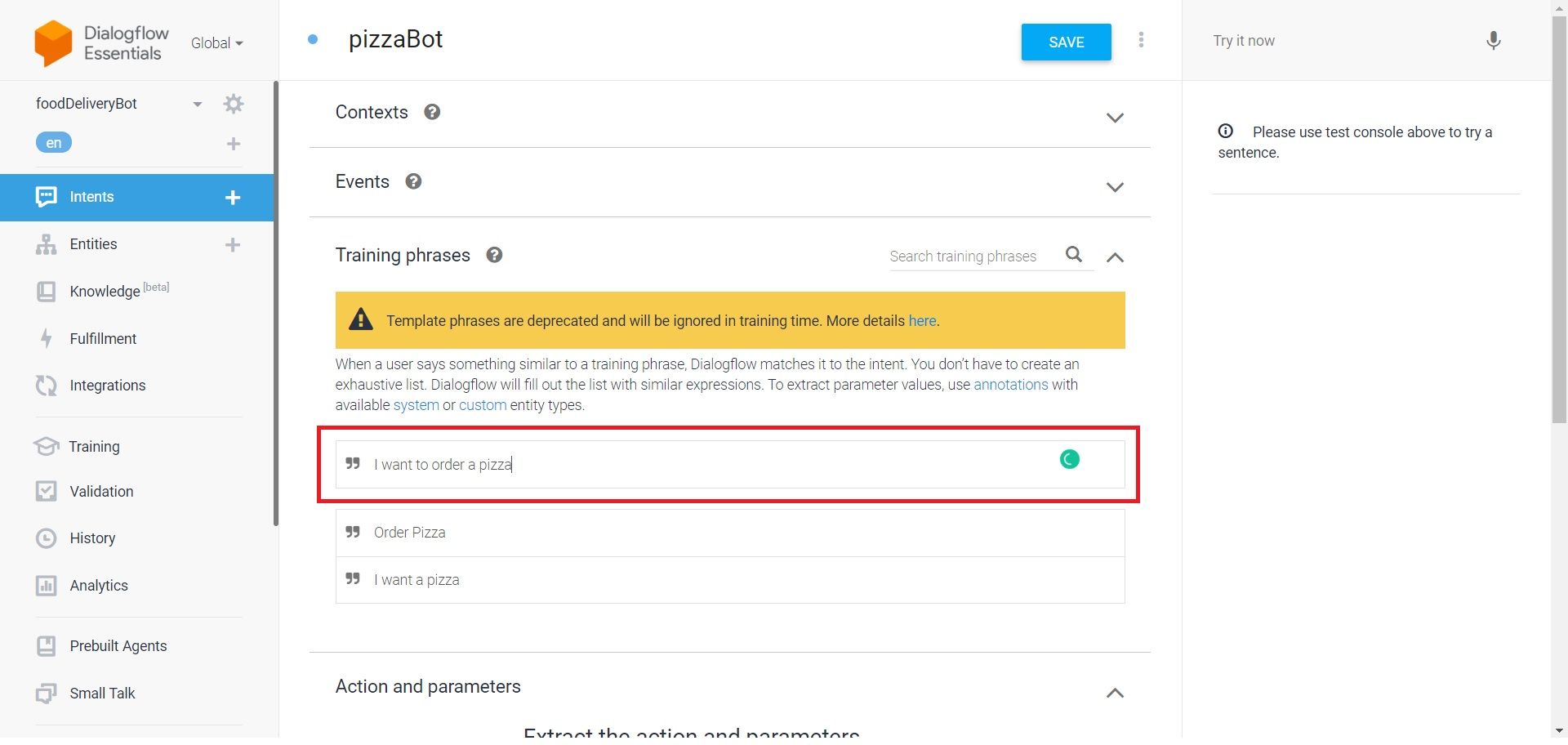 Add Training Phrases to Intent of Bot for ordering Pizza