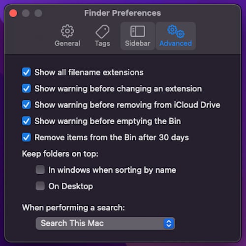 Параметр удаления элементов из Корзины через 30 дней в настройках Finder