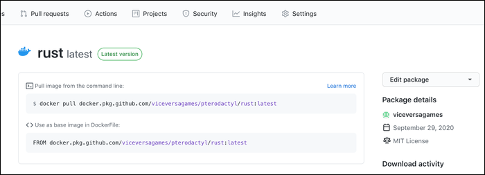 Интерфейс GitHub Container Registry.