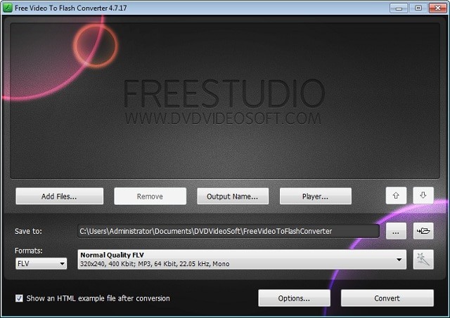 Панель Free Video to Flash Converter во время выбора формата FLV