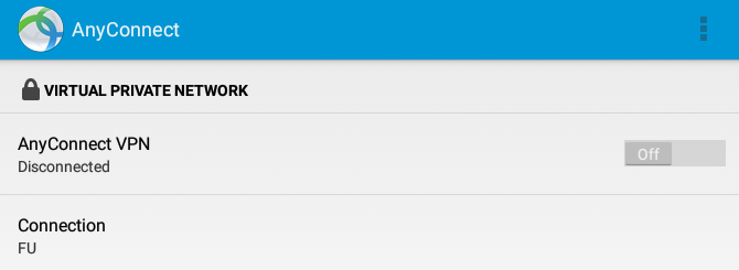 Ползунок AnyConnect VPN в положении Off/On на стартовом экране приложения