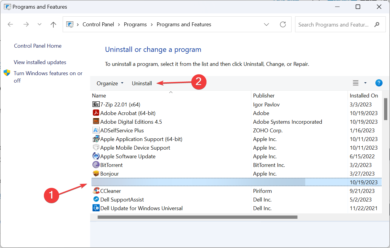 Окно удаления приложения в панели управления