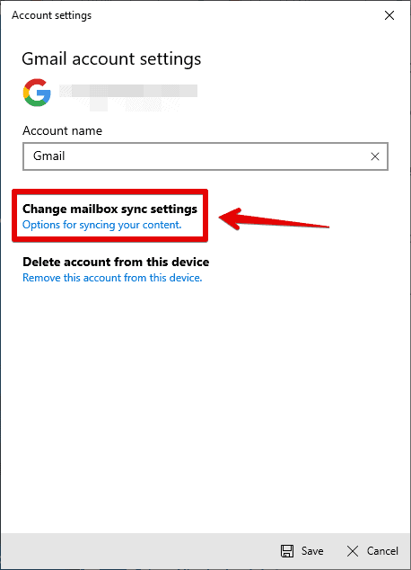 Параметры синхронизации почтового ящика