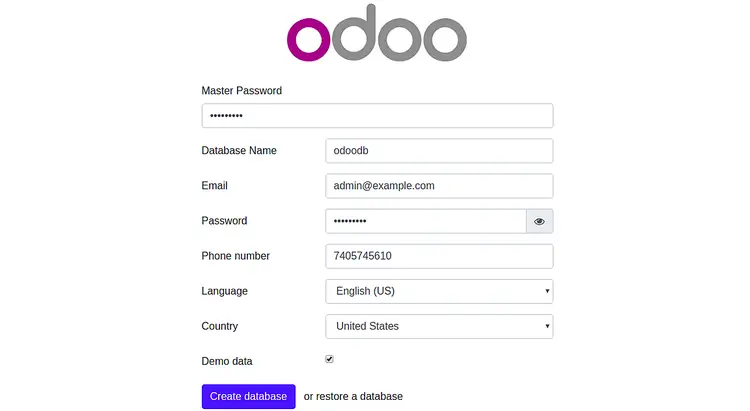 Форма создания базы данных Odoo — ввод мастер‑пароля, имя базы, почта