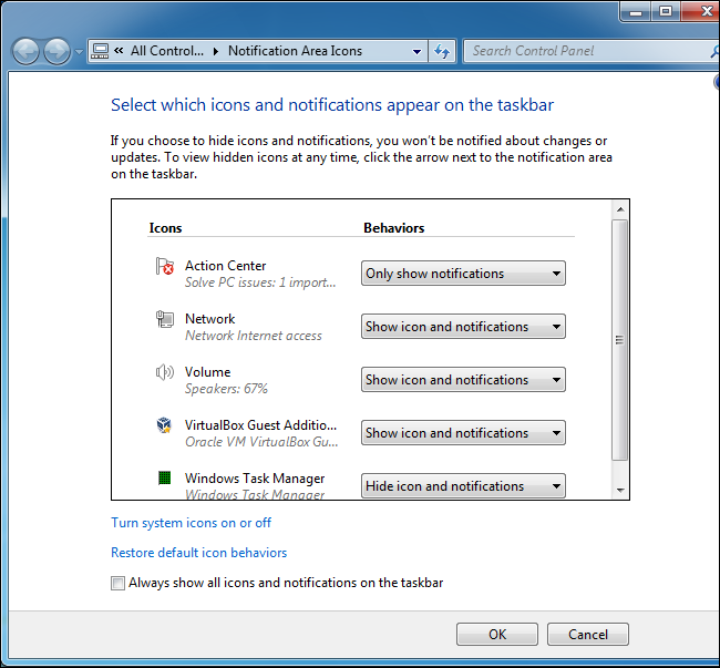 Настройки отображения значков и уведомлений в Windows 7