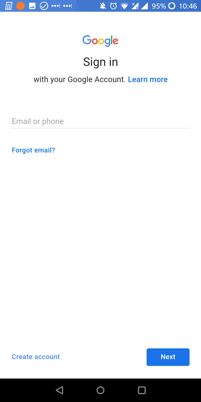 Экран входа в аккаунт Google на Android