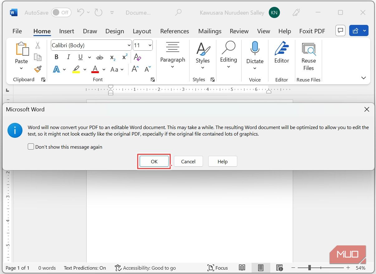 Нажмите OK в диалоговом окне для конвертации PDF в редактируемый документ Word