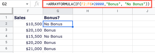 IF с ARRAYFORMULA в Google Таблицах