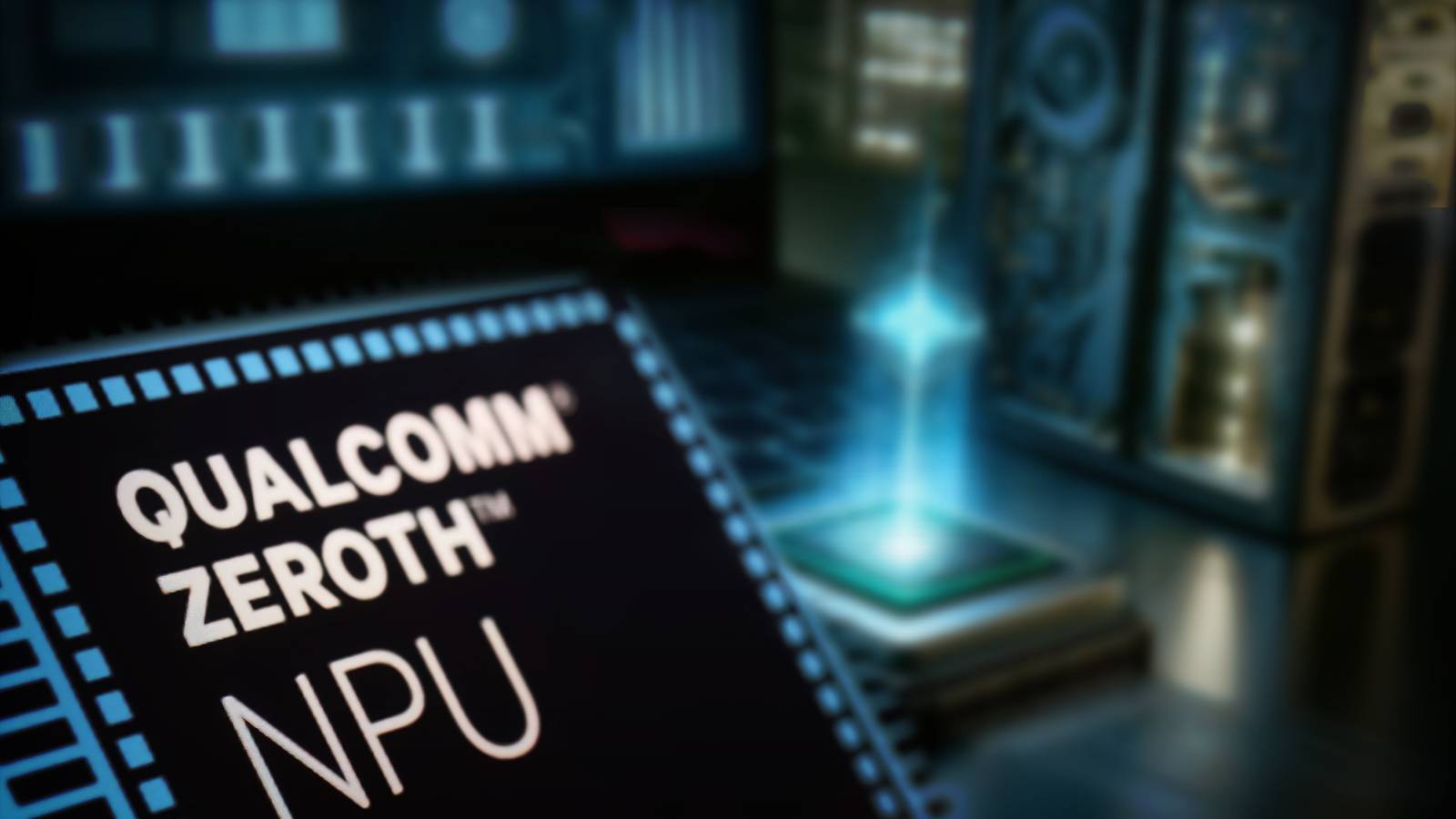 Чип NPU Qualcomm Zeroth в футуристической лаборатории, демонстрирующий продвинутую нейропроцессорную архитектуру для задач искусственного интеллекта