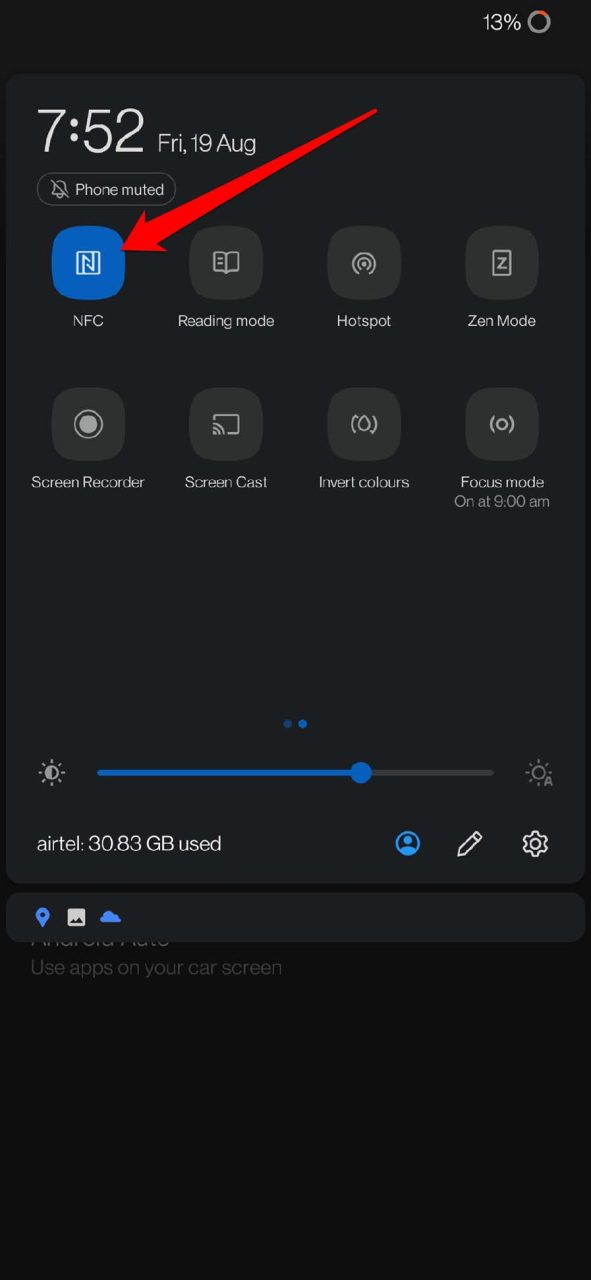 Включение NFC в быстрых настройках Android