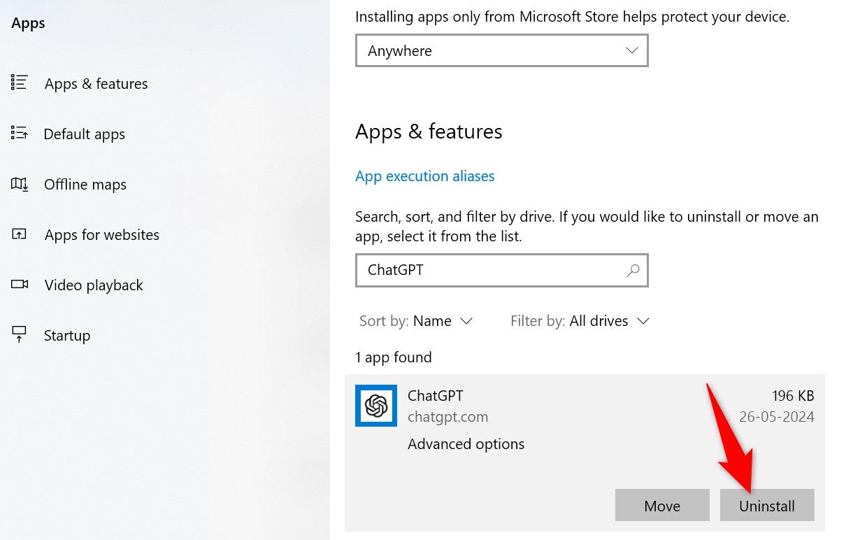 Выделено 'Uninstall' для ChatGPT в настройках Windows 10.