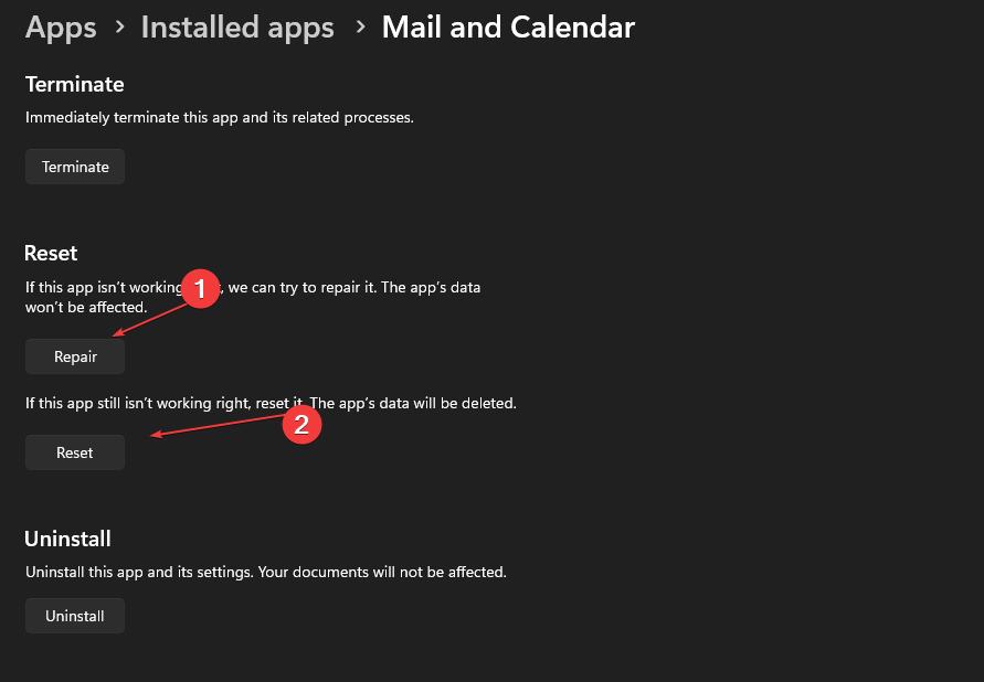 Скрин: кнопки Восстановить и Сбросить в настройках приложения