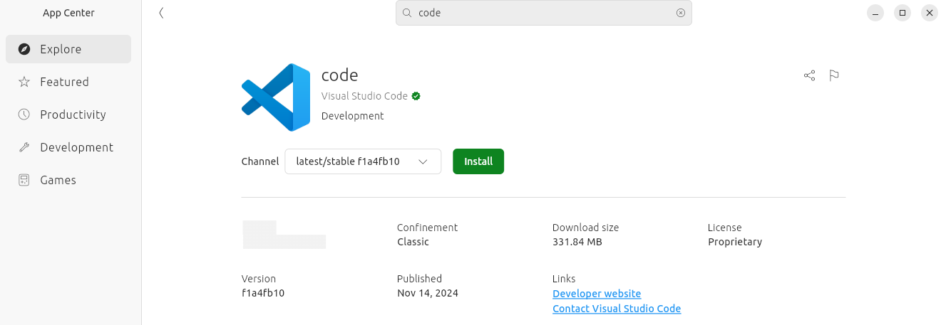 Центр приложений Ubuntu со страницей установки VS Code
