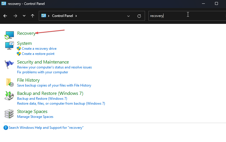 Пункт Recovery в Панели управления
