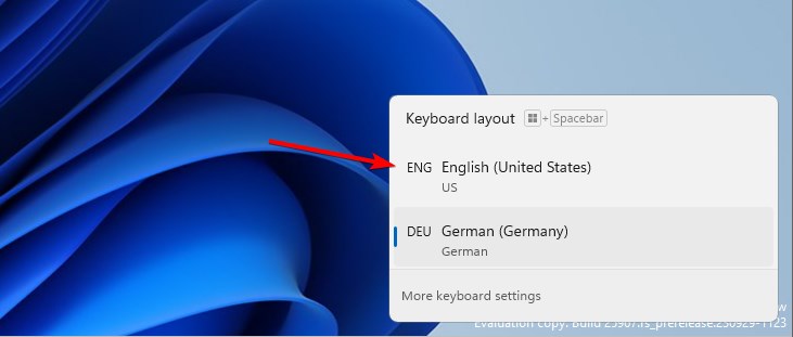 Выбор английской раскладки клавиатуры