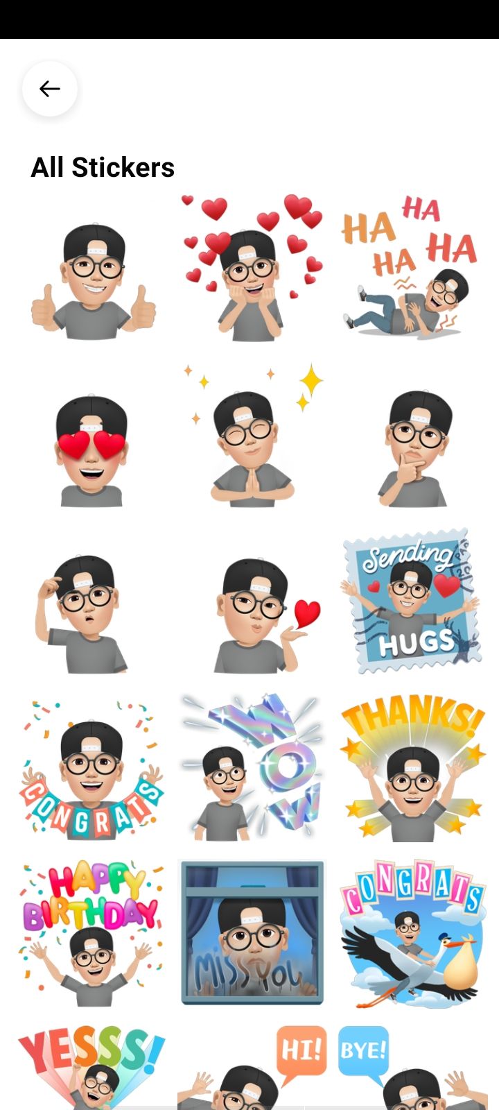 Список стикеров, созданных на основе аватара Facebook