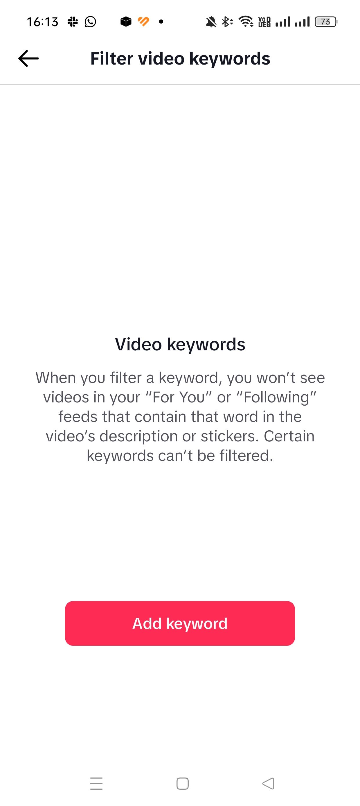 Меню фильтрации ключевых слов