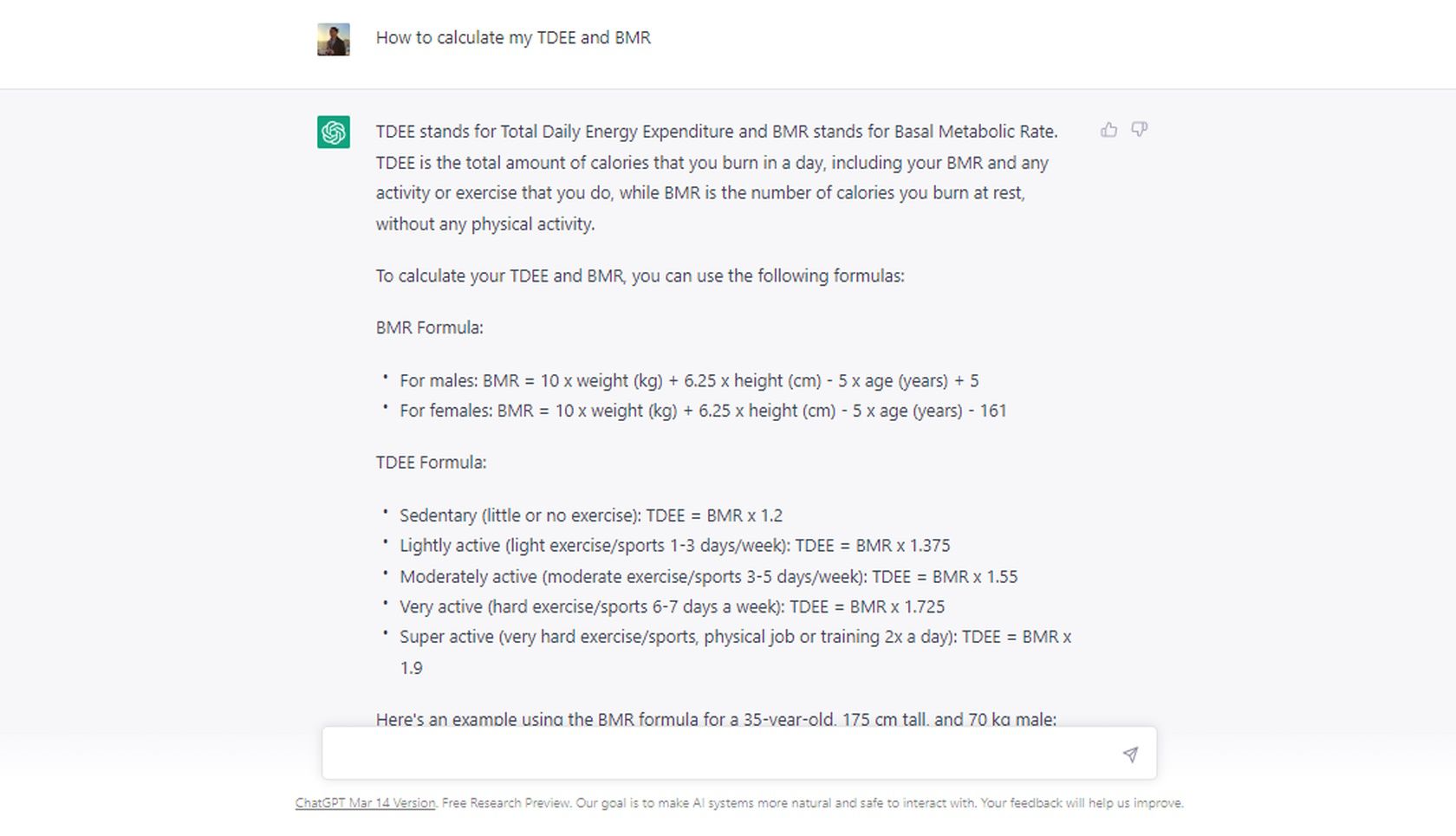 Иллюстрация ChatGPT, показывающего расчёт TDEE и BMR в интерфейсе