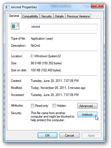 Свойства файла nircmd.exe и кнопка «Разблокировать»