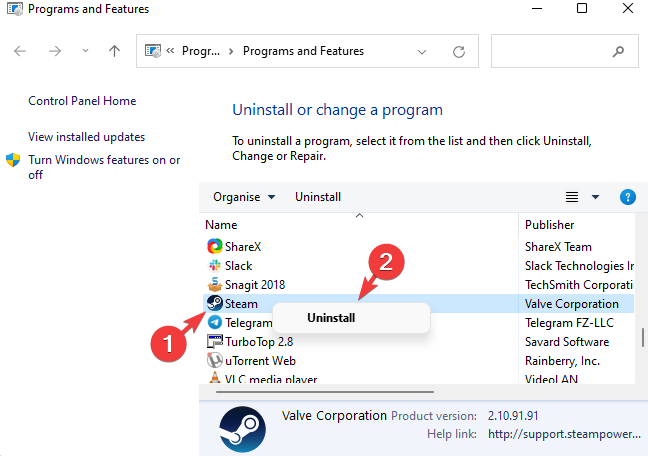 Удаление программы через панель управления