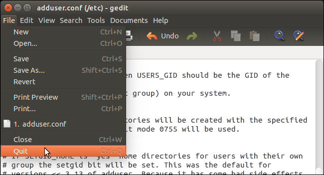 Закрытие gedit после изменения конфигурации