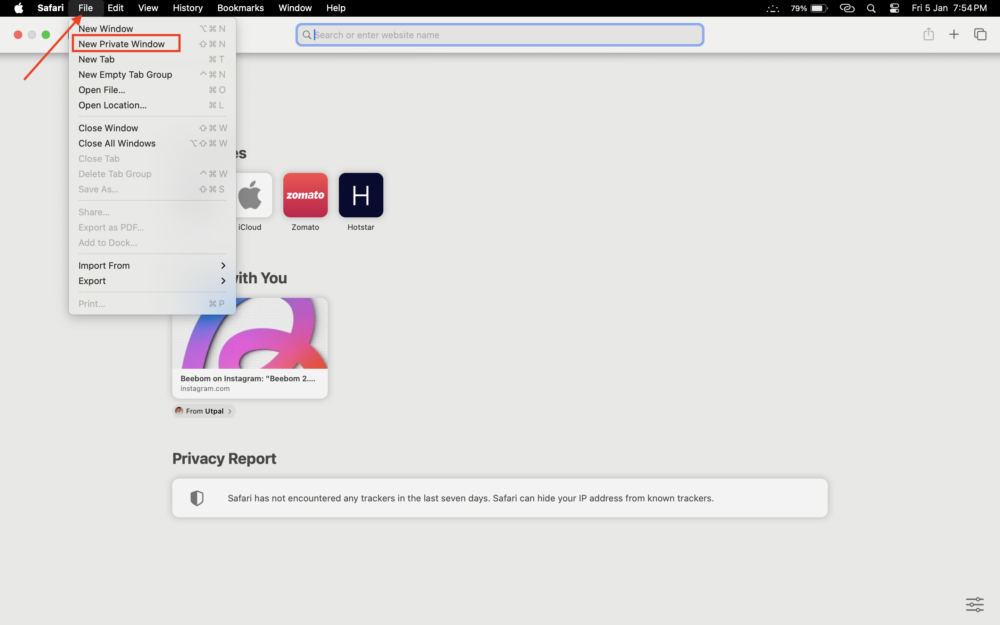 пункт меню файл safari