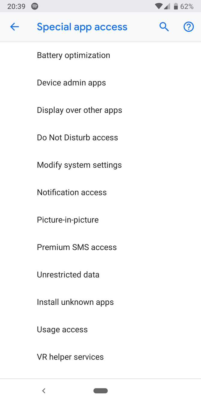 Страница разрешений приложения