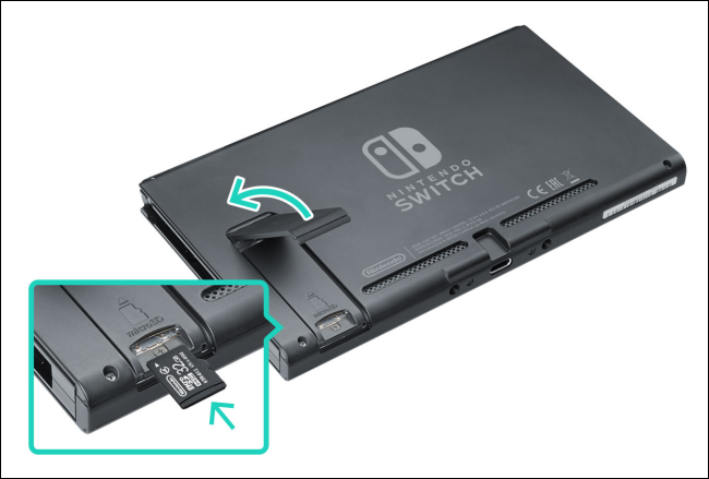 Расположение слота microSD на Nintendo Switch под подпоркой