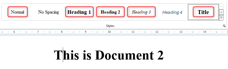 Документ 2 после импорта стилей показывает обновлённые имена и вид стилей