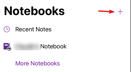 (Экран «Блокноты» в мобильном приложении OneNote с кнопкой создания)