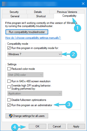Вкладка совместимости для инсталлятора
