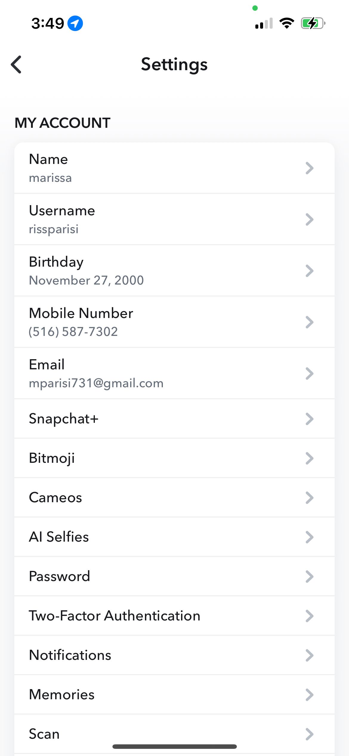 Настройки Snapchat