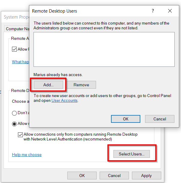 Добавление пользователей удалённого рабочего стола