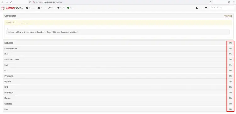 страница проверки состояния LibreNMS