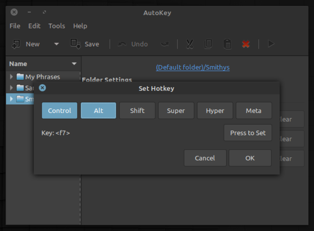 Выбор клавиши сочетания для горячей клавиши папки