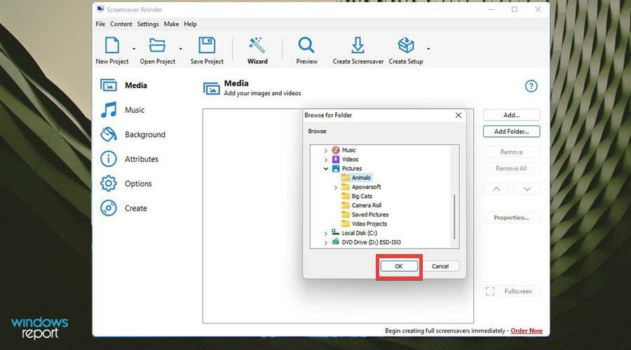 Выбор папки с фотографиями для заставки