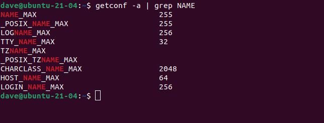 Результат getconf -a | grep NAME в терминале