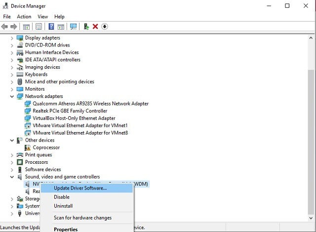 Обновление звуковых драйверов в Диспетчере устройств