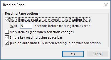 Окно параметров области чтения
