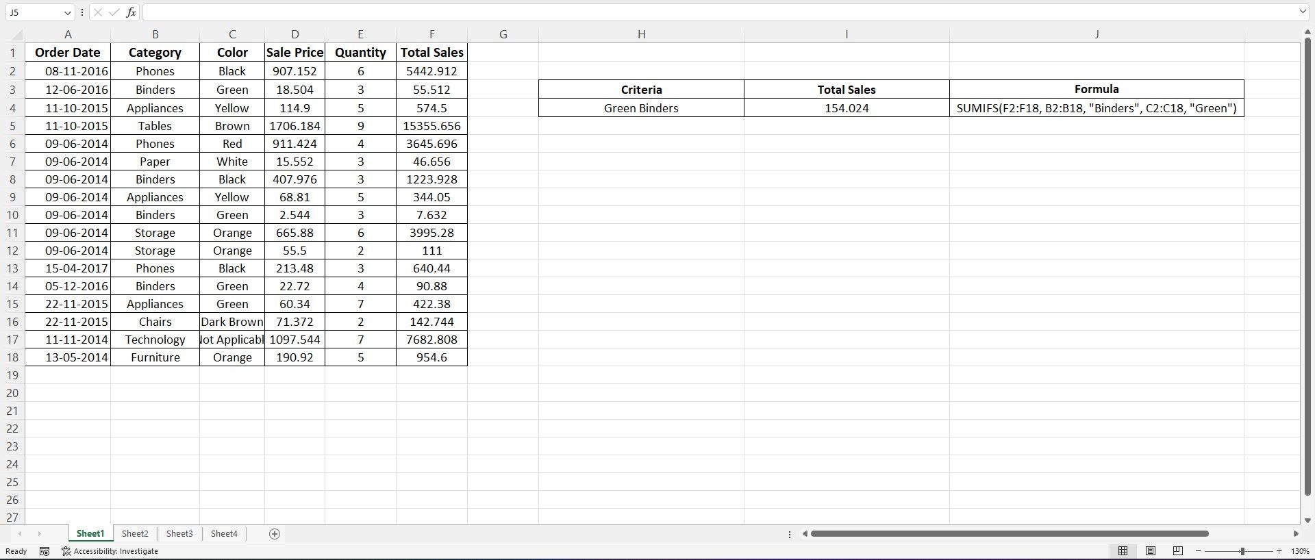 Таблица Excel с применением текстовых критериев SUMIFS