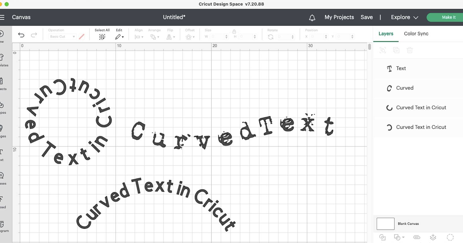 Приложение Cricut Design Space с несколькими образцами изогнутого текста.