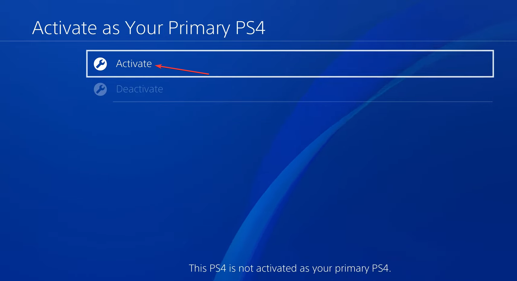 Кнопка «Активировать» в меню PS4