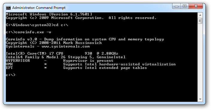 Скриншот: пример вывода Coreinfo с отмеченной поддержкой EPT