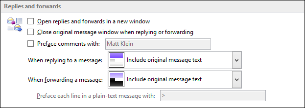 Параметры Replies and forwards с опциями включения исходного сообщения и форматирования